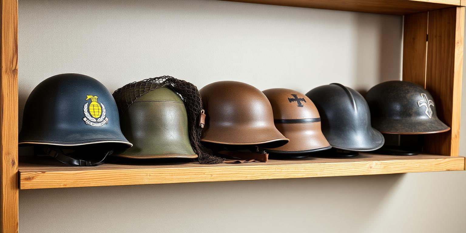 Collection de casques WWII : Adrian français, M1 US, Brodie britannique, Stahlhelm allemand